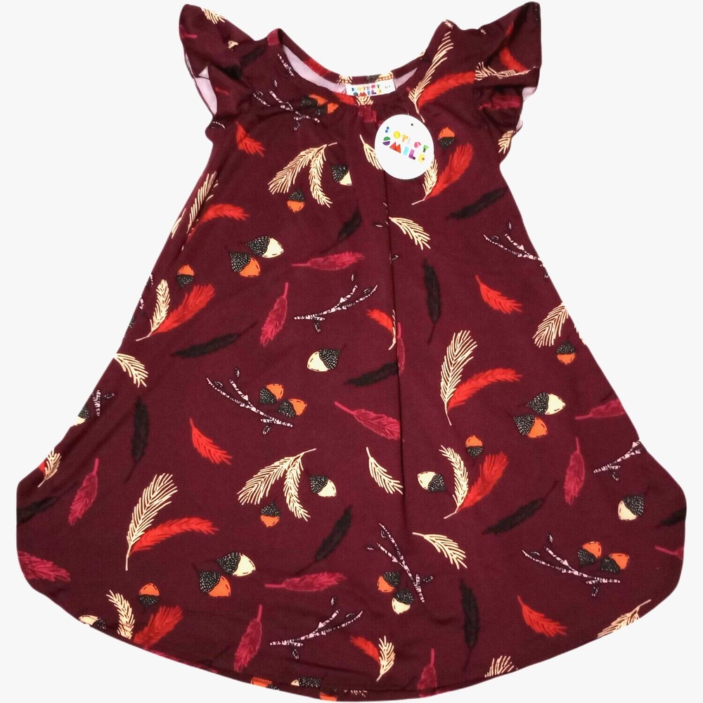 Dot Smile Girls Sz 5-6 Maroon Acorns Swing Dress Purple Feathers Lightweight NWT